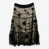 Black Crochet Flower Embroidered Mesh Midi Skirt