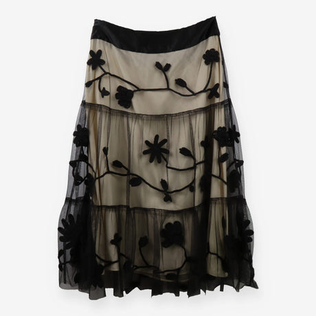 Black Crochet Flower Embroidered Mesh Midi Skirt