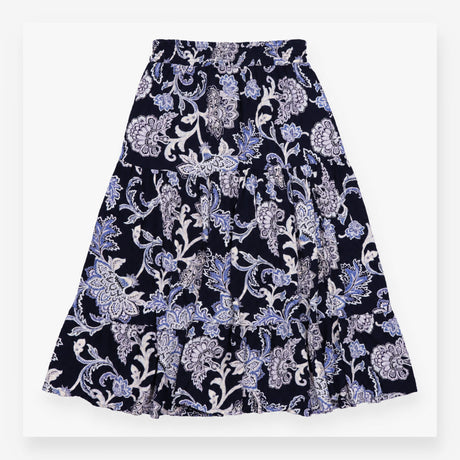 Paisley Floral Tiered Viscose Maxi Skirt Navy Blue