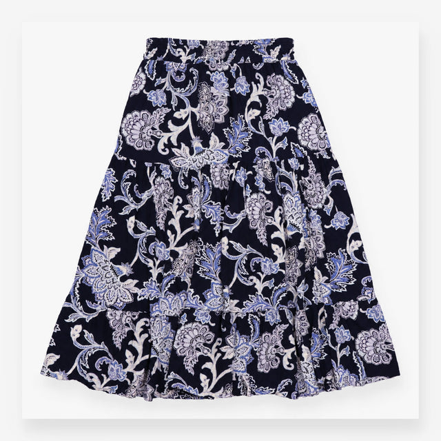 Paisley Floral Tiered Viscose Maxi Skirt Navy Blue