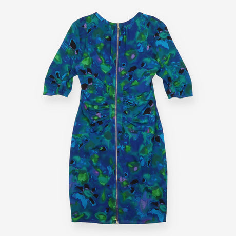 Silk Midi Dress with Blue Abstract Print and Front