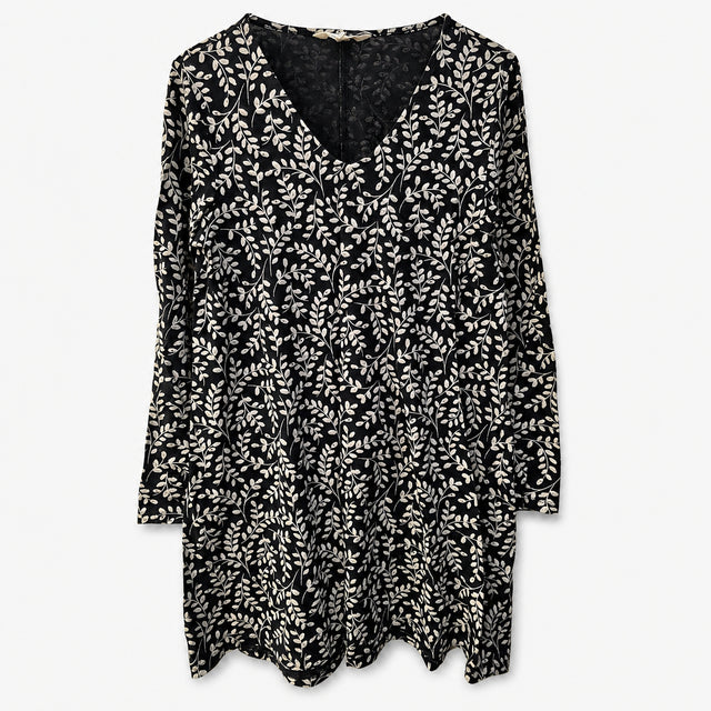 Tunic Top Black Cream Leaf Print Organic Cotton