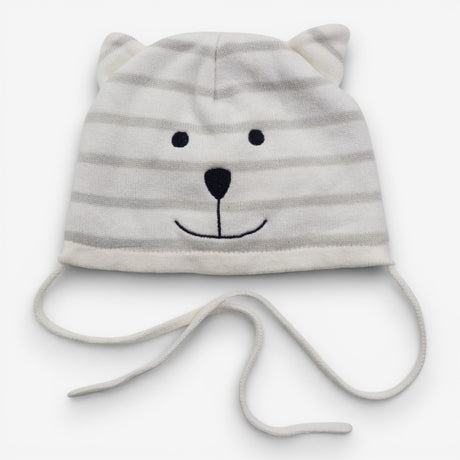 Baby Hat with Ties White and Grey Bear