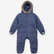Blue fleece lined pramsuit with fur trim hood
