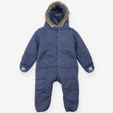 Blue fleece lined pramsuit with fur trim hood
