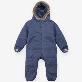 Blue fleece lined pramsuit with fur trim hood