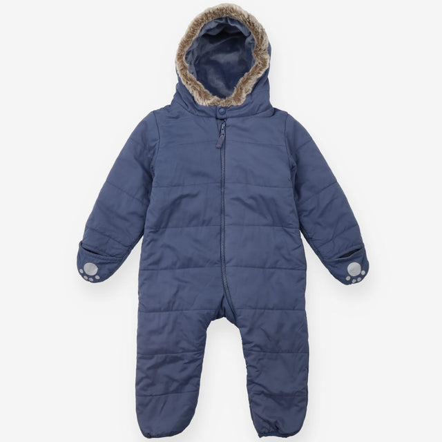 Blue fleece lined pramsuit with fur trim hood