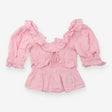 Top Pink Gingham Cropped Smocked Peplum Puff Sleev