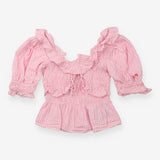 Top Pink Gingham Cropped Smocked Peplum Puff Sleev