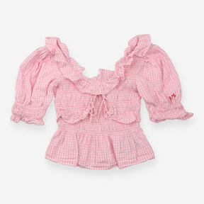 Top Pink Gingham Cropped Smocked Peplum Puff Sleev