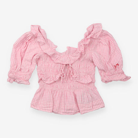 Top Pink Gingham Cropped Smocked Peplum Puff Sleev