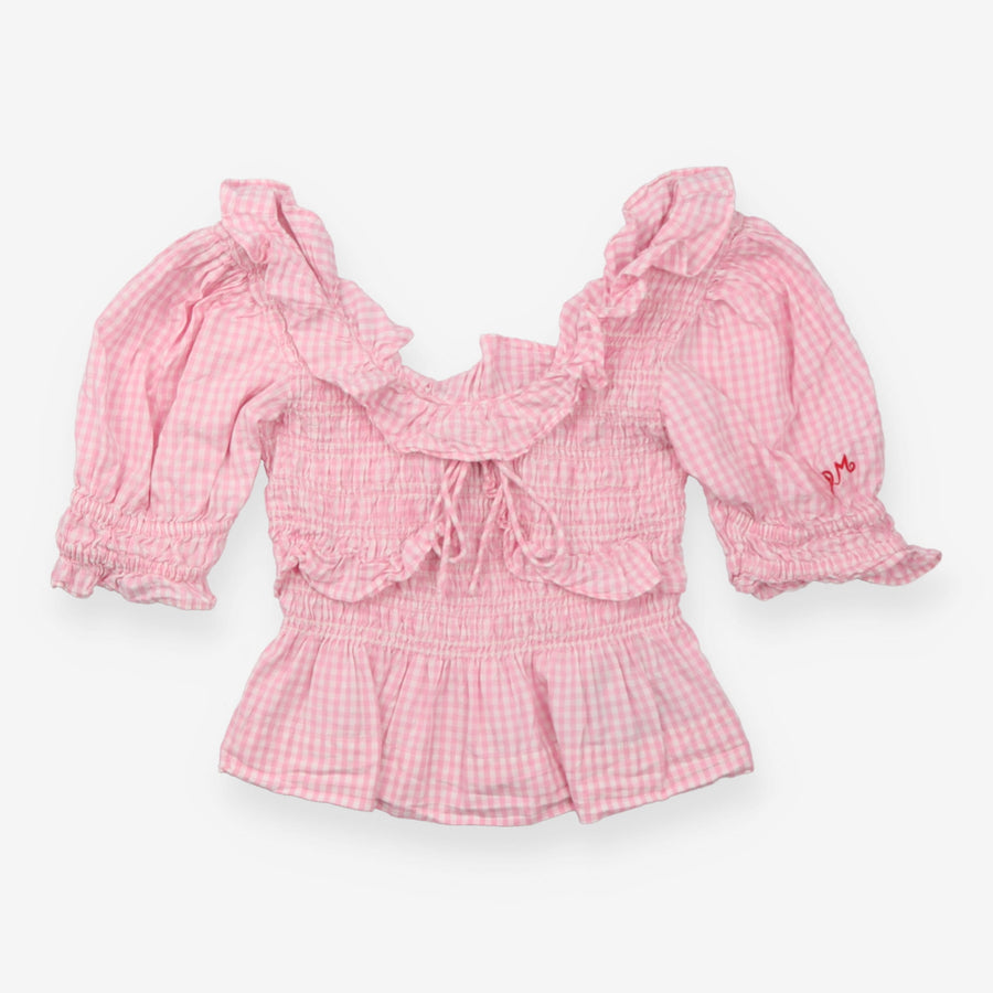 Top Pink Gingham Cropped Smocked Peplum Puff Sleev
