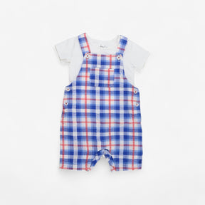 Blue and red checked shortie dungarees and 