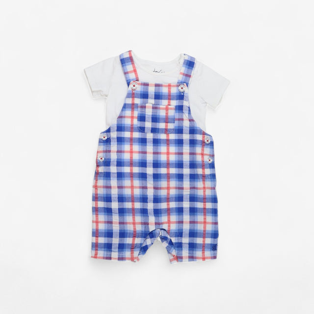 Blue and red checked shortie dungarees and 