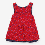 Pinafore pink flowers blue spot lining