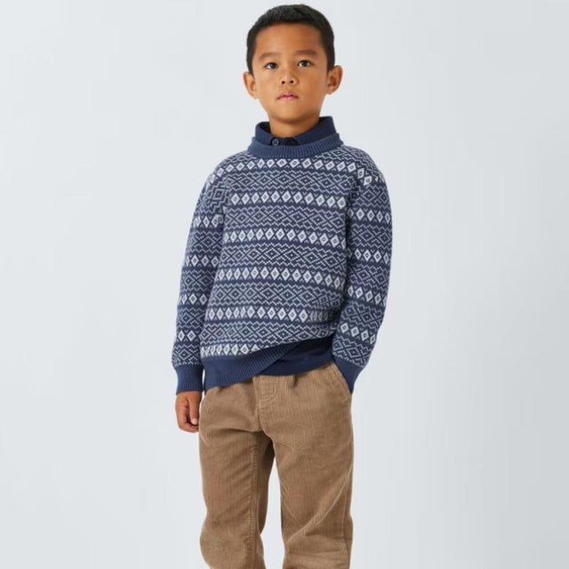 Kids' Fair Isle Cotton Jumper, Navy/Ecru