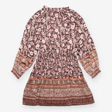 Midi Dress Brown Floral Pleated Smocked Waist Bord