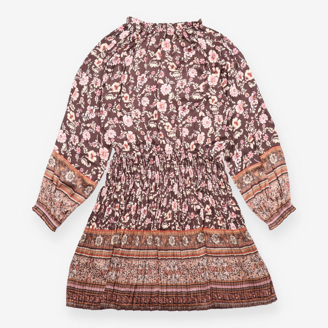 Midi Dress Brown Floral Pleated Smocked Waist Bord