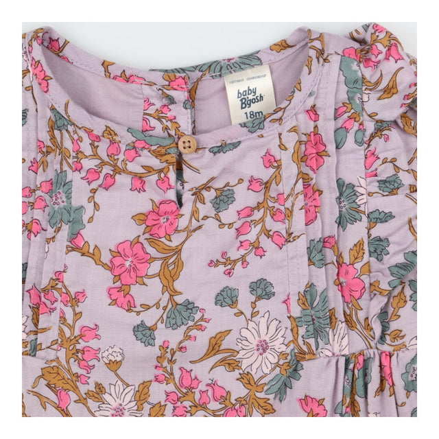 Dress woven purple flowers frill shoulder pintucks