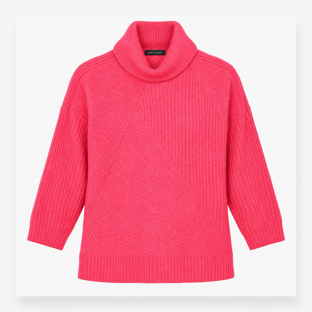 Cowl Neck Jumper Bright Pink Oversized Ribbed Knit
