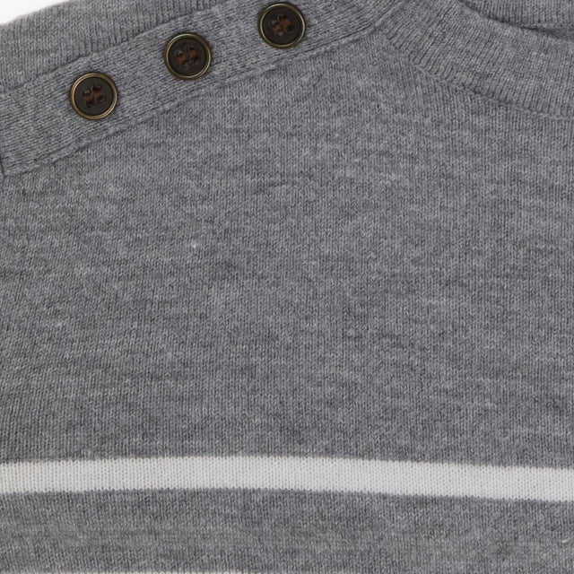 Grey White Stripe Knit Jumper Shoulder Button