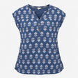 Blue Floral Print V Neck Short Sleeve Cotton Tunic