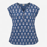 Blue Floral Print V Neck Short Sleeve Cotton Tunic