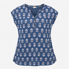 Blue Floral Print V Neck Short Sleeve Cotton Tunic
