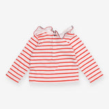 Tee LS white red stripe white frill collar edged 