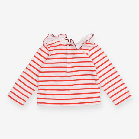 Tee LS white red stripe white frill collar edged 