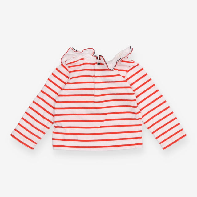 Tee LS white red stripe white frill collar edged 