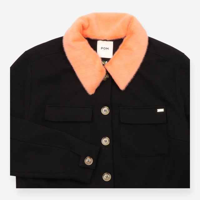 Jacket Black Detachable Faux Fur Collar Button Fro