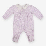 White sleepsuit with purple floral and frill colla