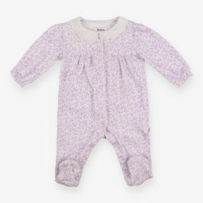 White sleepsuit with purple floral and frill colla
