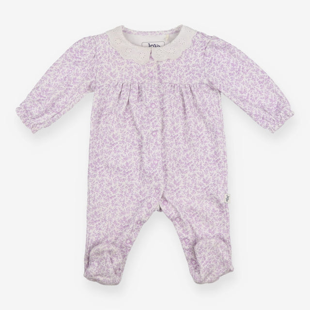 White sleepsuit with purple floral and frill colla