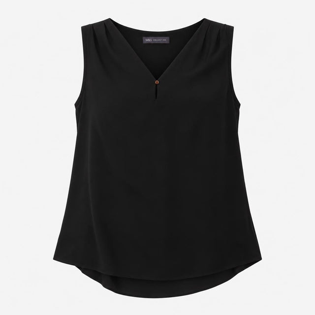Sleeveless Blouse Dark Navy V Neck Relaxed Fit Pla