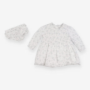 Dress and pants white grey blue flowers LS smocked