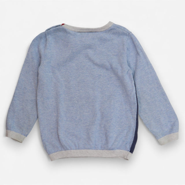 Two tone blue knit jumper with mum and baby whale