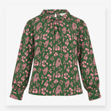 Blouse Green Pink Floral Silk High Neck