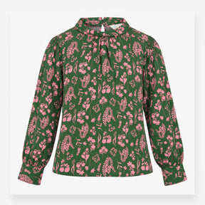 Blouse Green Pink Floral Silk High Neck