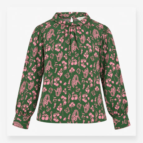 Blouse Green Pink Floral Silk High Neck
