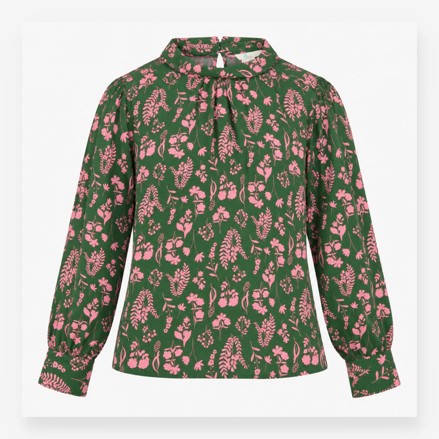 Blouse Green Pink Floral Silk High Neck