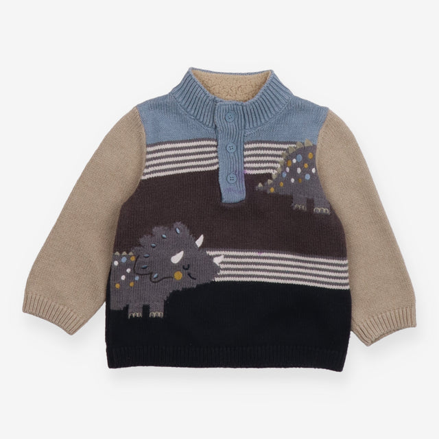 Sweater Knit Oat and Blue Dinosaur Applique