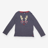 T-Shirt Long Sleeved Navy Stripe Reindeer Glasses