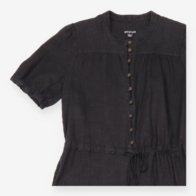 Jumpsuit Linen Short Sleeve Button Front Black