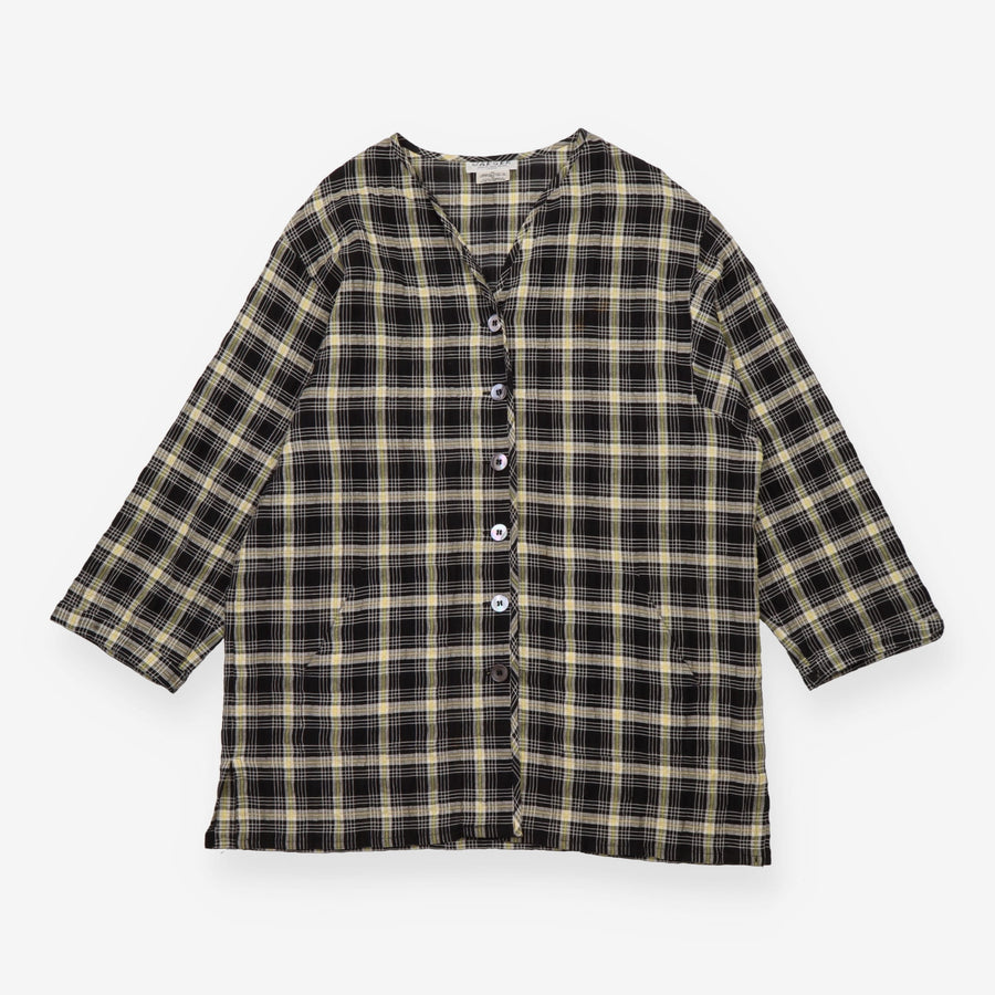 Vintage Checked Linen Blend Longline Shirt Jacket