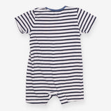 Blue and white striped tractor romper