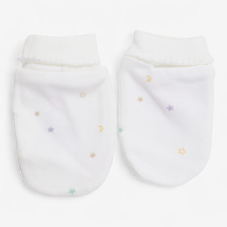 Baby hat and mittens set white with coloured stars