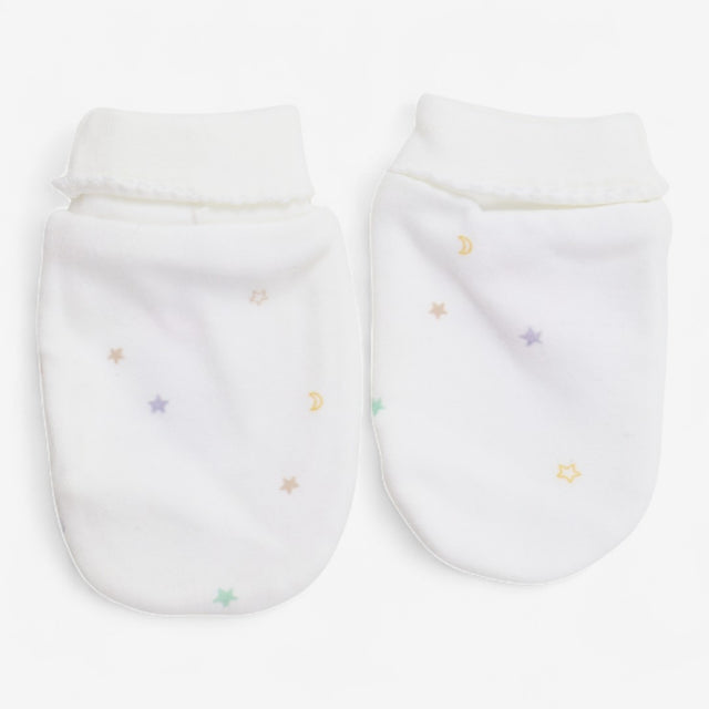 Baby hat and mittens set white with coloured stars
