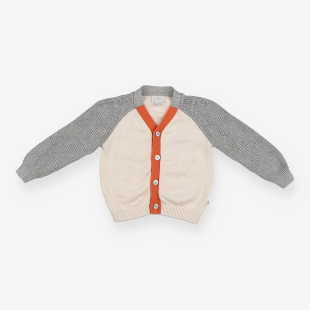 Cardigan grey sleeves cream body orange edging